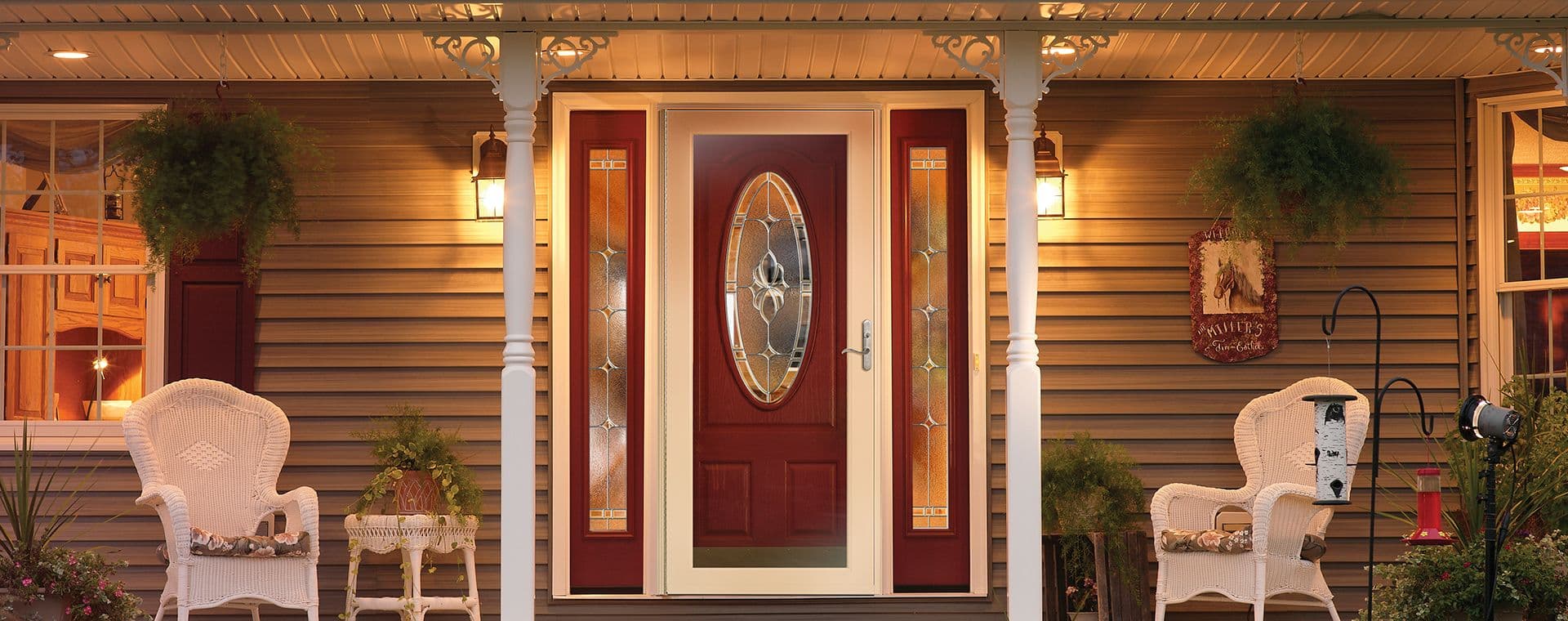 red entry door with white trim